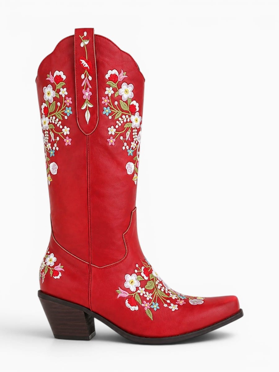 Amara Shoes Floral Embroidered Knee High Cowboy Boots