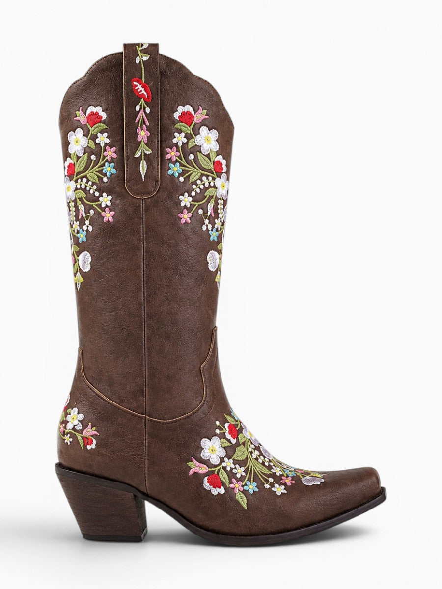 Amara Shoes Floral Embroidered Knee High Cowboy Boots