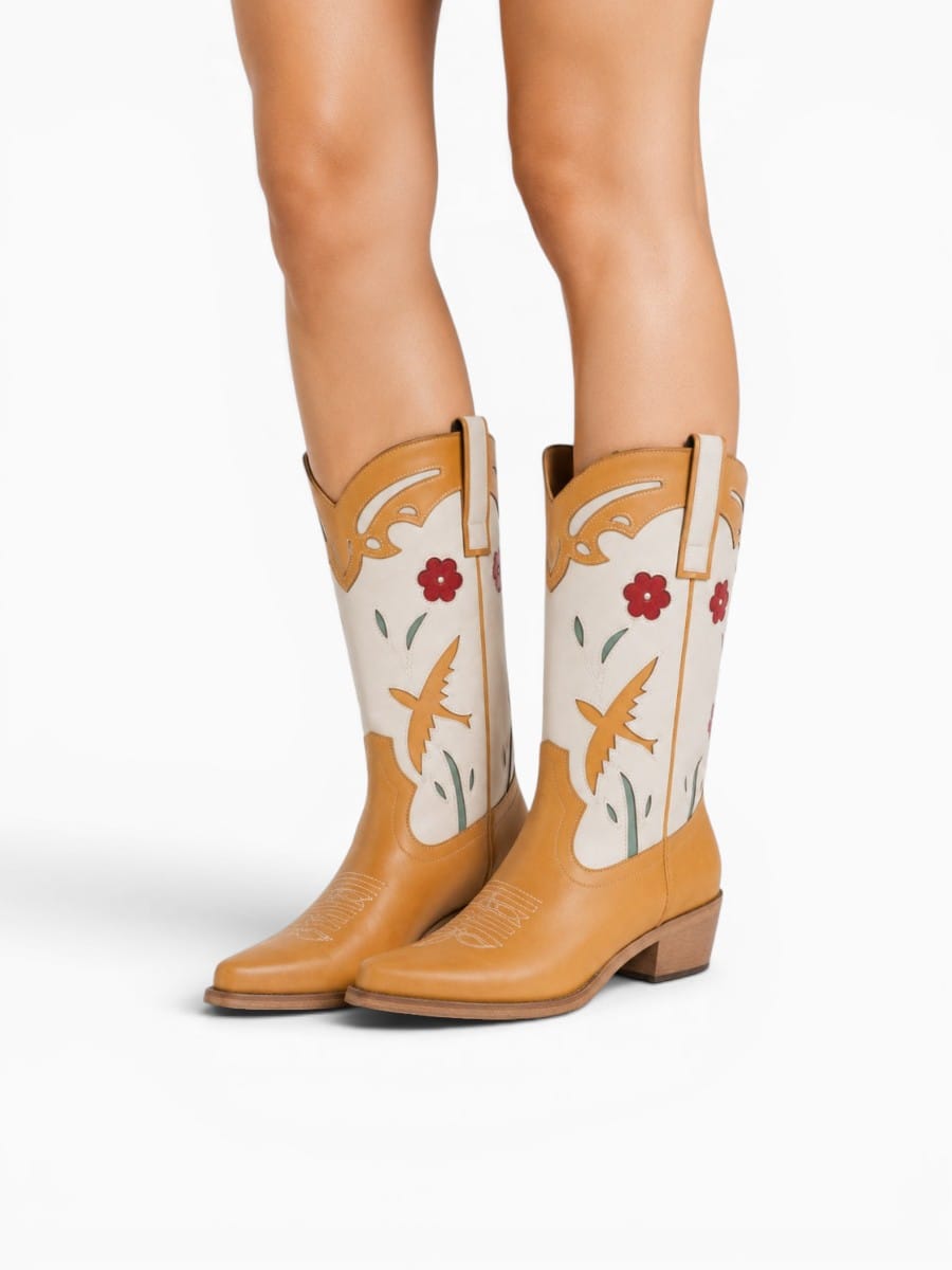 Amara Shoes Floral Embroidered Pull On Western Cowboy Boots