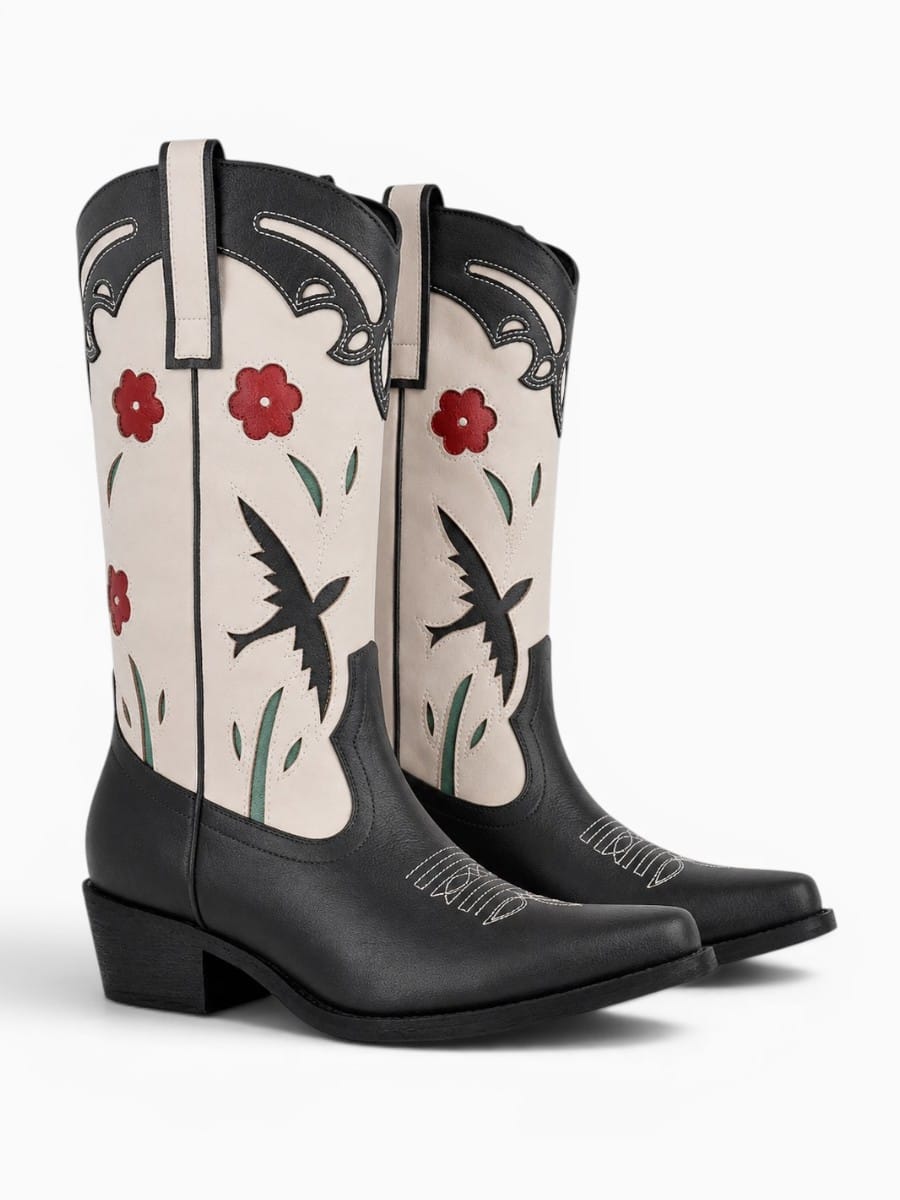Amara Shoes Floral Embroidered Pull On Western Cowboy Boots
