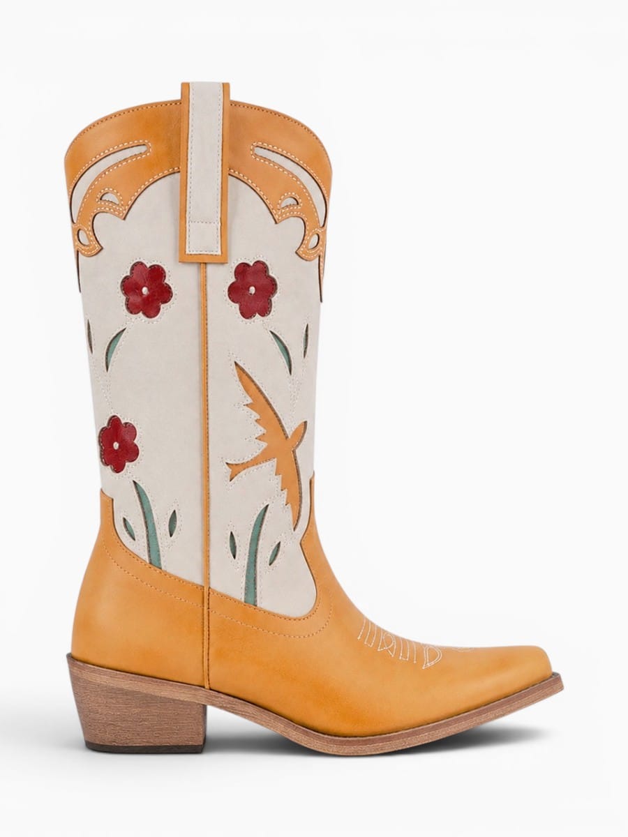 Amara Shoes Floral Embroidered Pull On Western Cowboy Boots