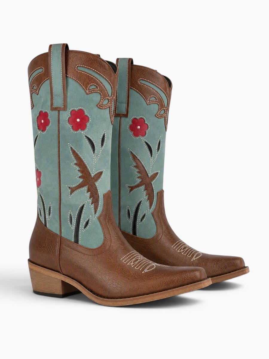 Amara Shoes Floral Embroidered Pull On Western Cowboy Boots