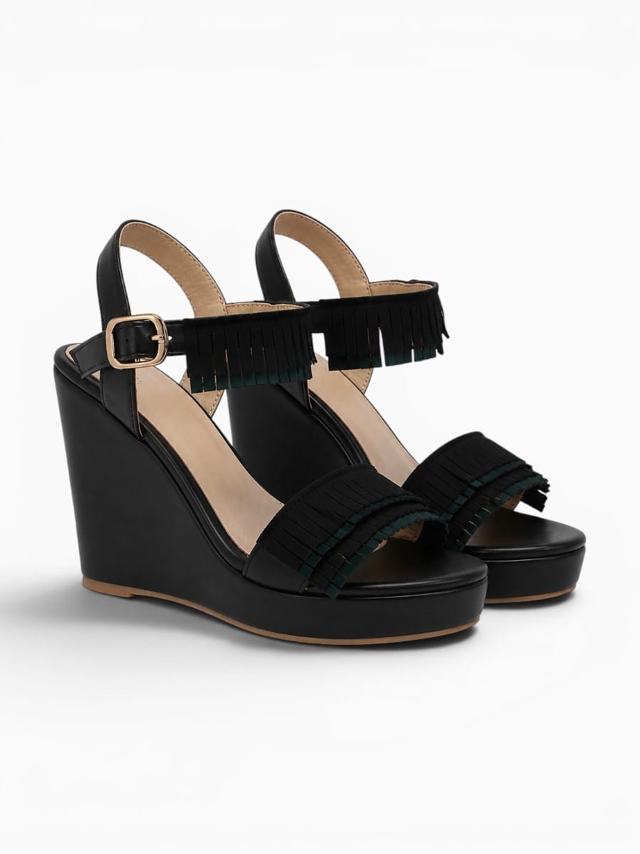 Amara Shoes Fringe Platform Wedge Peep Toe Buckle Sandals