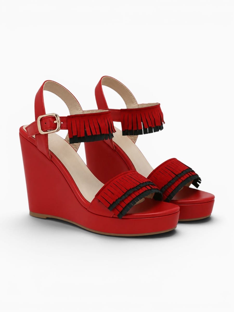 Amara Shoes Fringe Platform Wedge Peep Toe Buckle Sandals