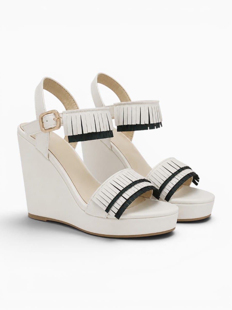 Amara Shoes Fringe Platform Wedge Peep Toe Buckle Sandals