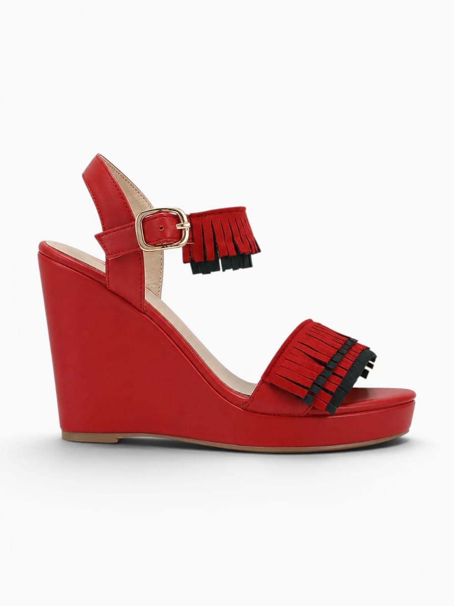Amara Shoes Fringe Platform Wedge Peep Toe Buckle Sandals