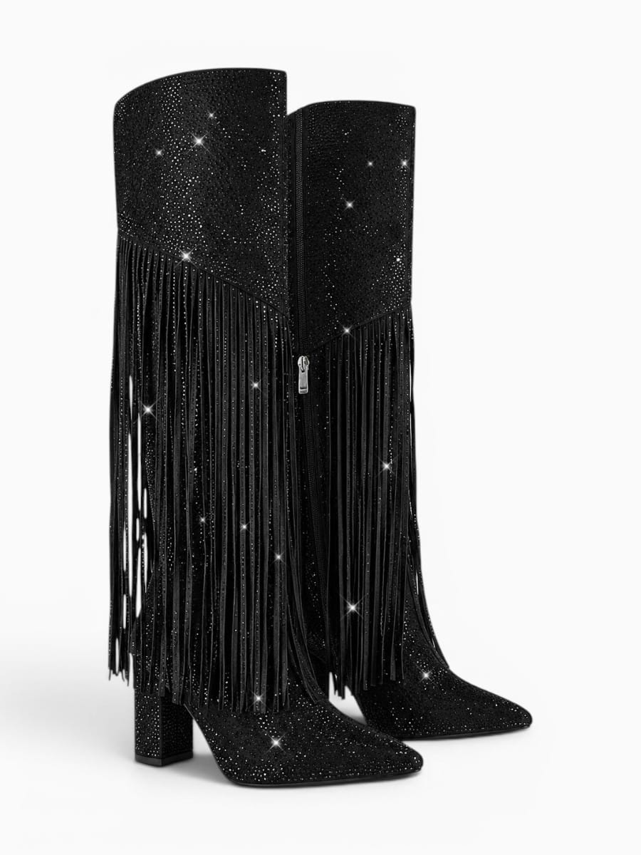 Amara Shoes Fringe Rhinestone Knee High Western Cowboy Boots