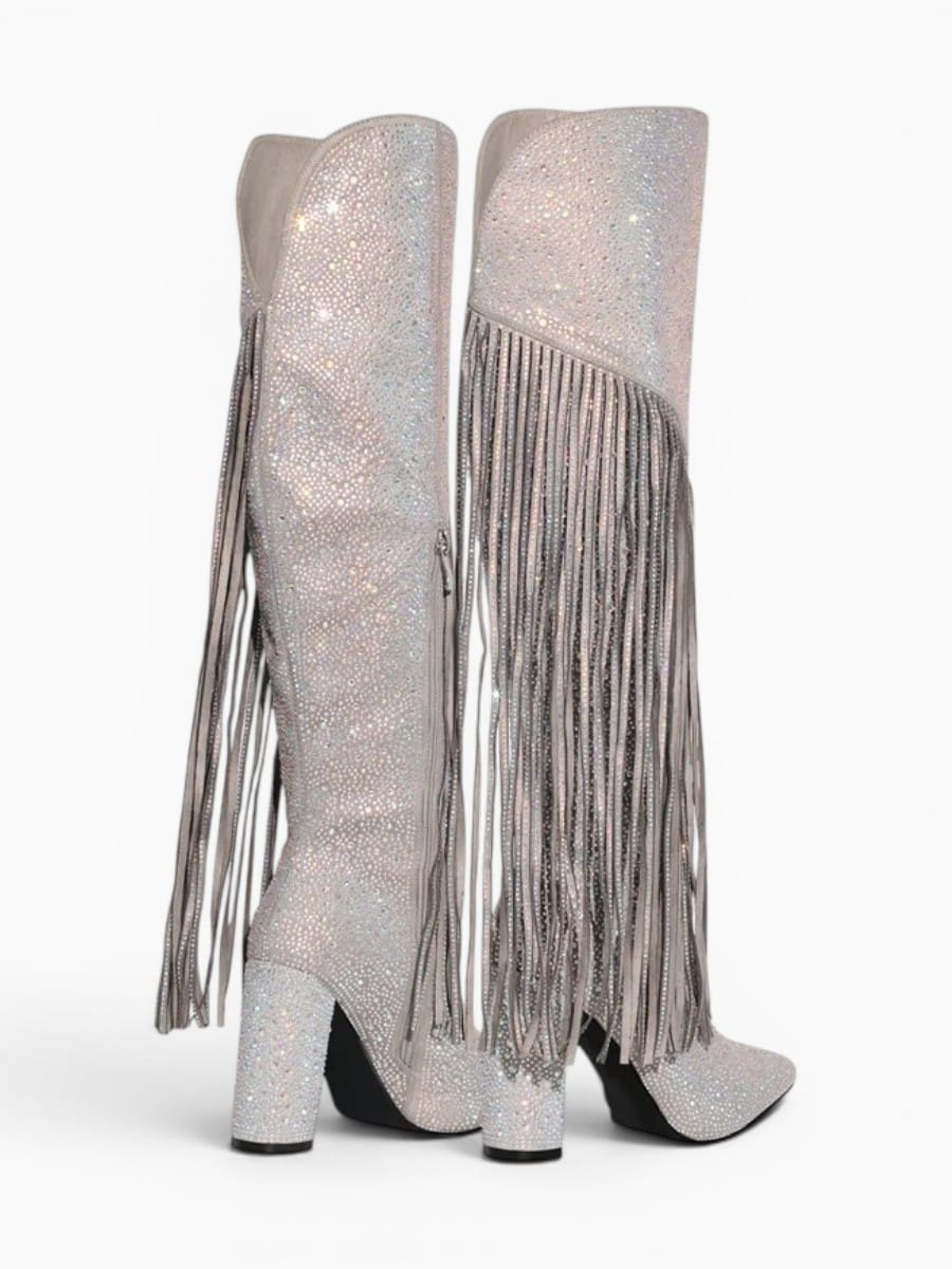 Amara Shoes Fringe Rhinestone Knee High Western Cowboy Boots