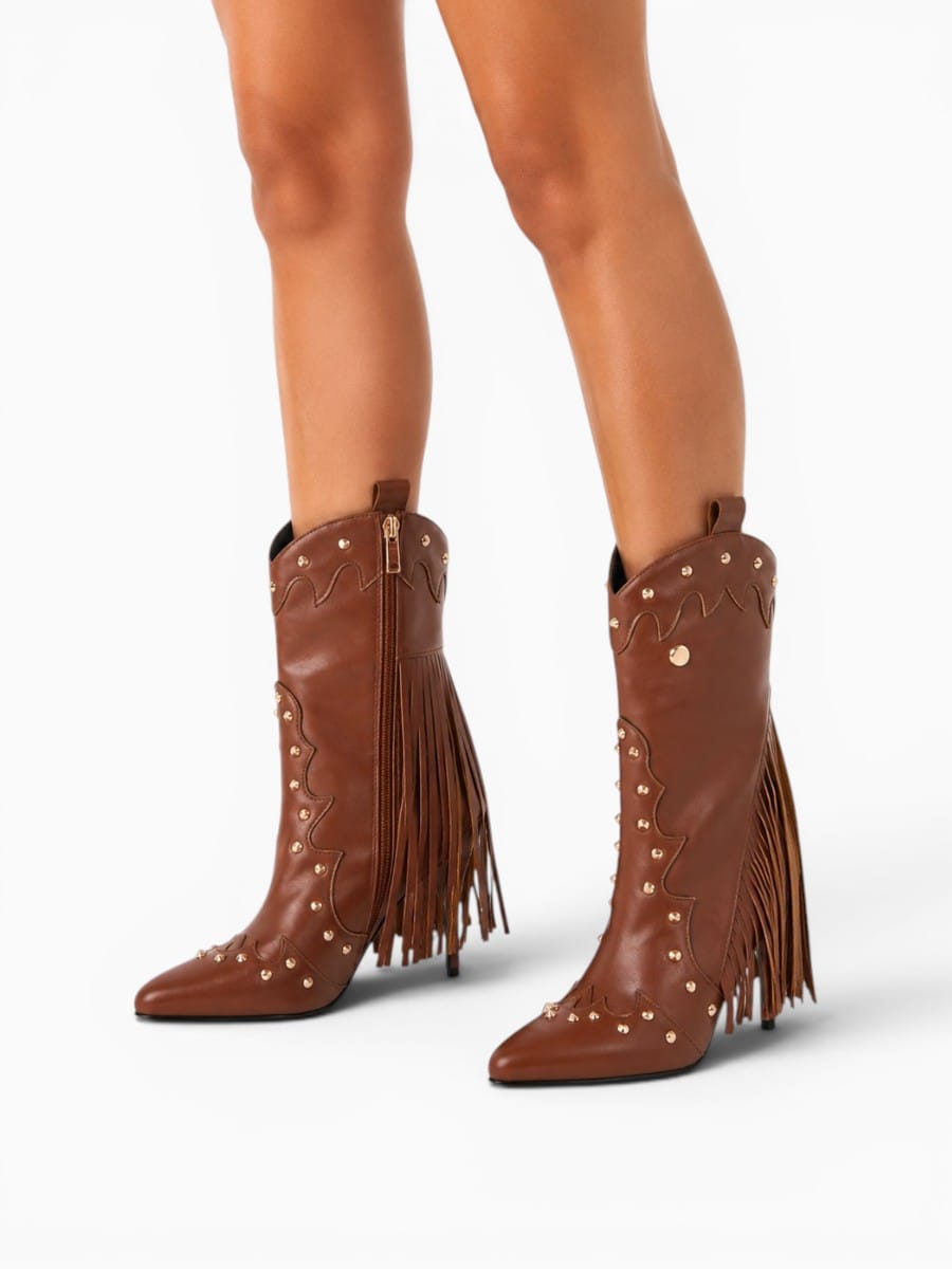 Amara Shoes Fringe Rivet Pointed Toe Stiletto Mid Calf Boots