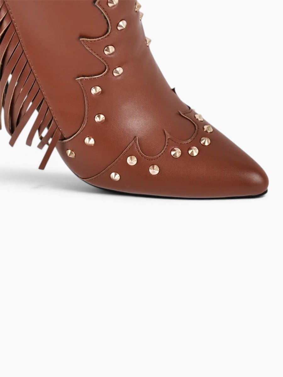 Amara Shoes Fringe Rivet Pointed Toe Stiletto Mid Calf Boots