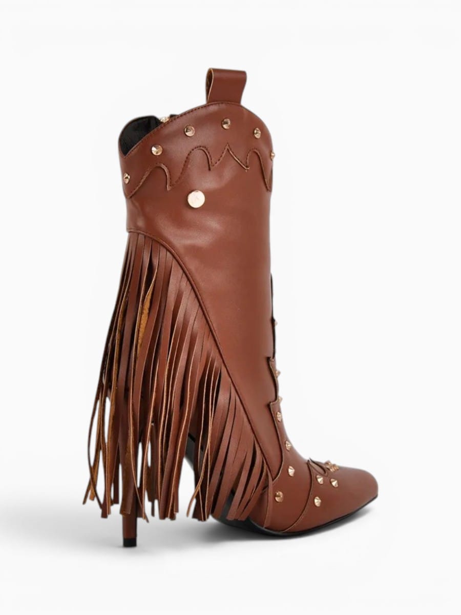 Amara Shoes Fringe Rivet Pointed Toe Stiletto Mid Calf Boots