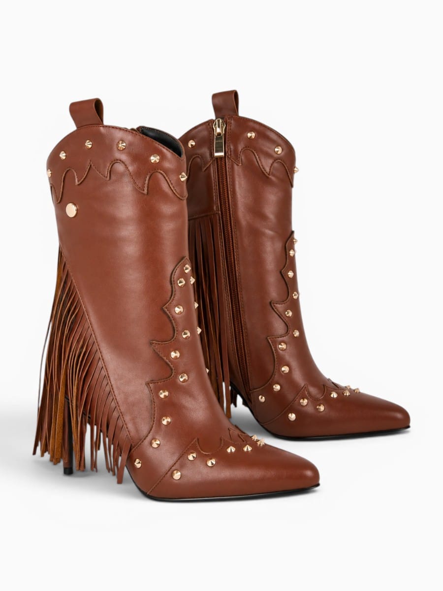 Amara Shoes Fringe Rivet Pointed Toe Stiletto Mid Calf Boots