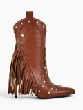 Amara Shoes Fringe Rivet Pointed Toe Stiletto Mid Calf Boots