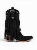 Amara Shoes Fringe Western Ankle Boots Pointed Toe Block Heel