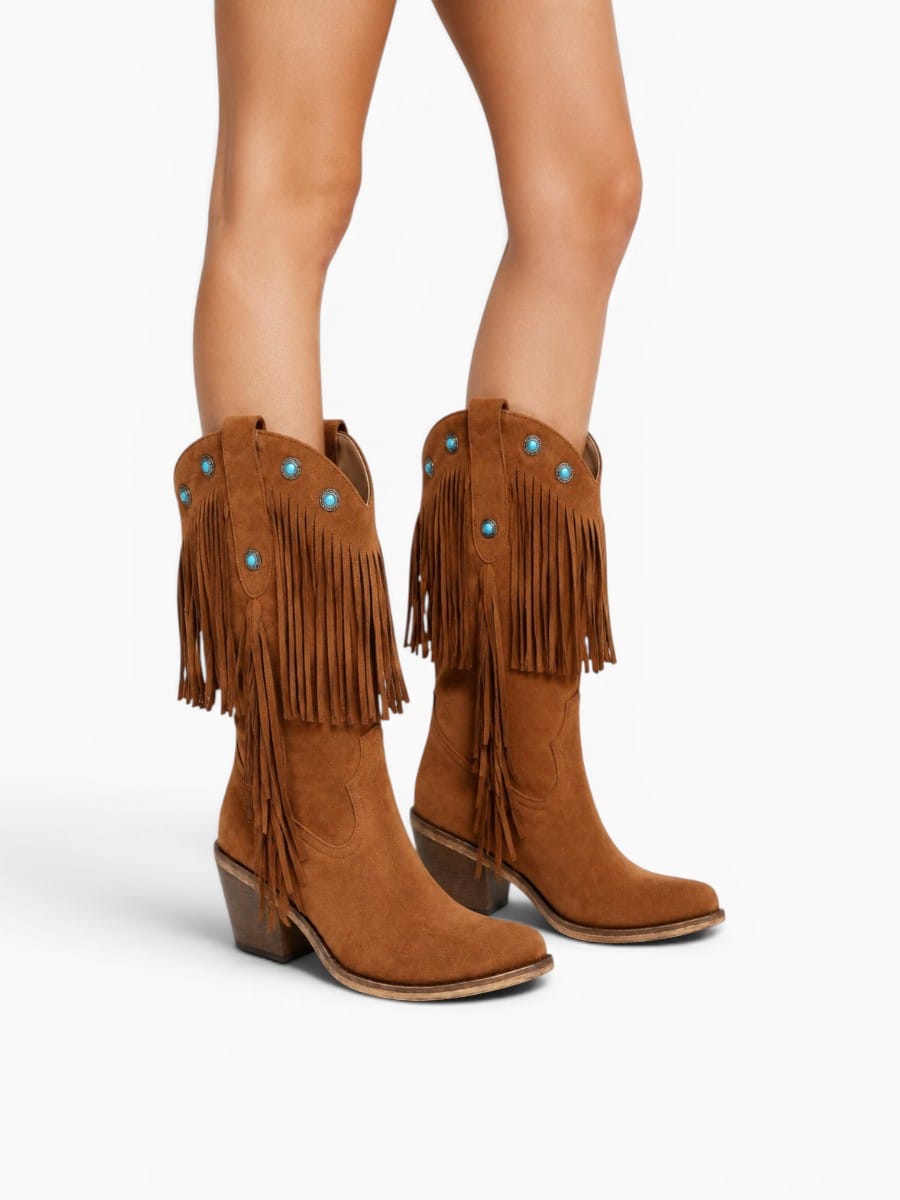 Amara Shoes Fringe Western Pointed Toe Block Heel Boots