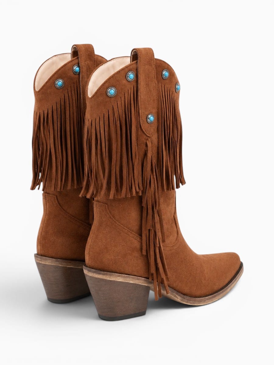 Amara Shoes Fringe Western Pointed Toe Block Heel Boots