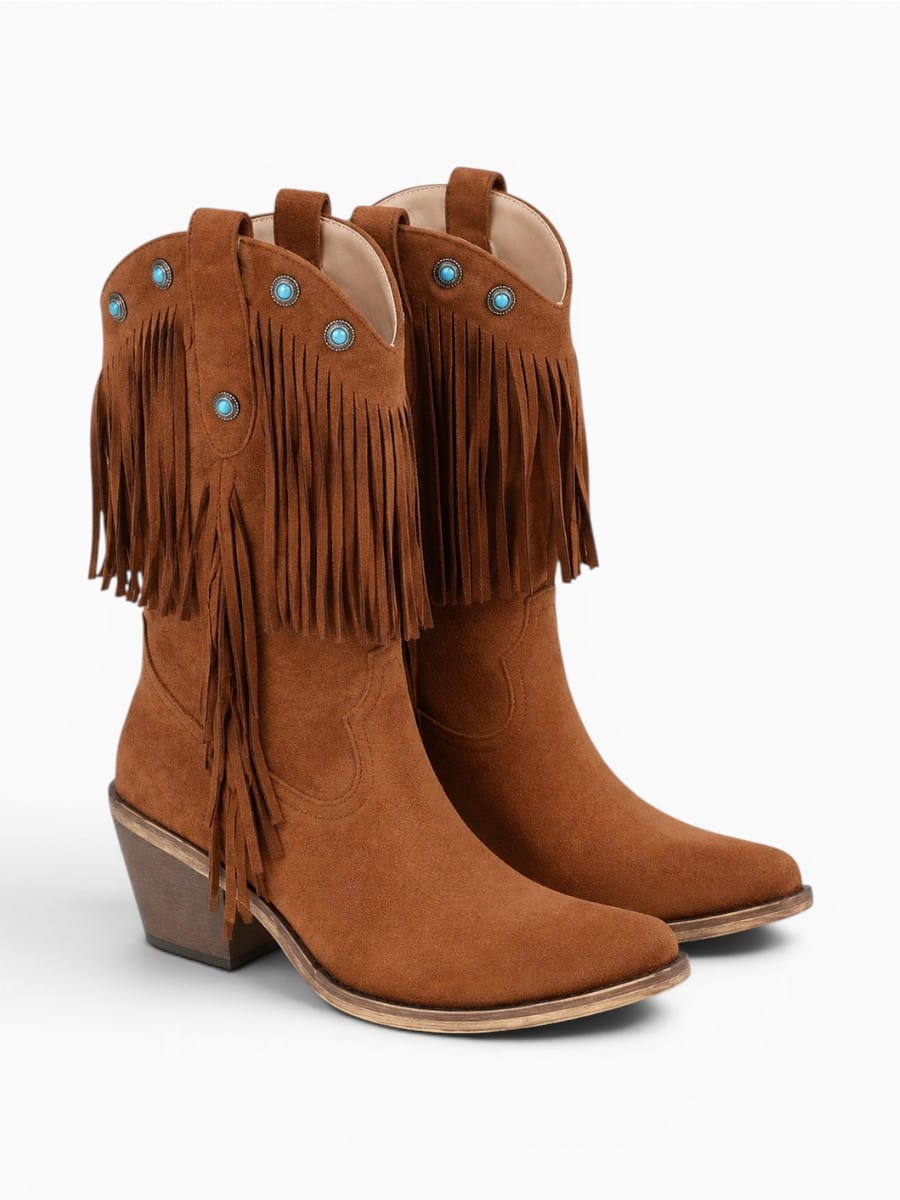 Amara Shoes Fringe Western Pointed Toe Block Heel Boots