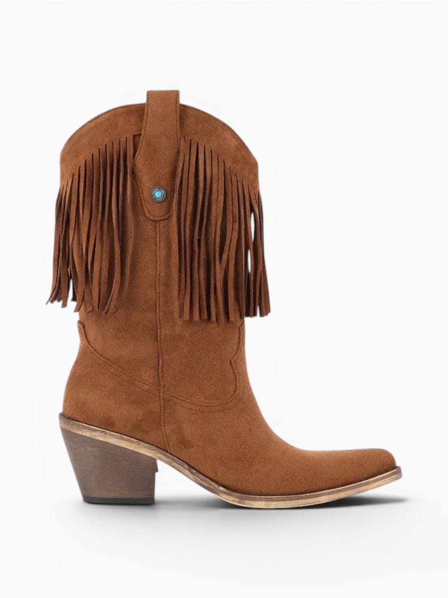 Amara Shoes Fringe Western Pointed Toe Block Heel Boots