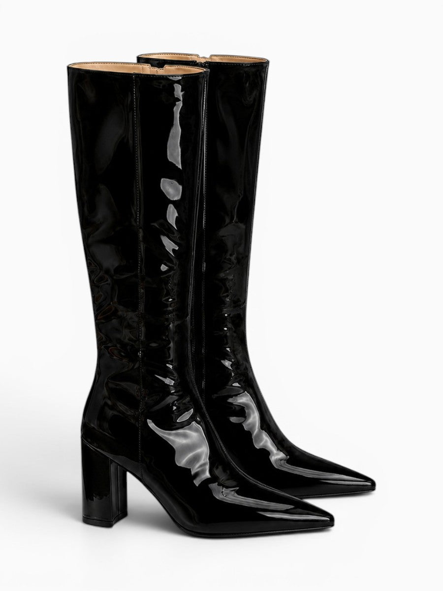 Amara Shoes Glossy Knee High Boot Block Heel Pointed Toe Zip