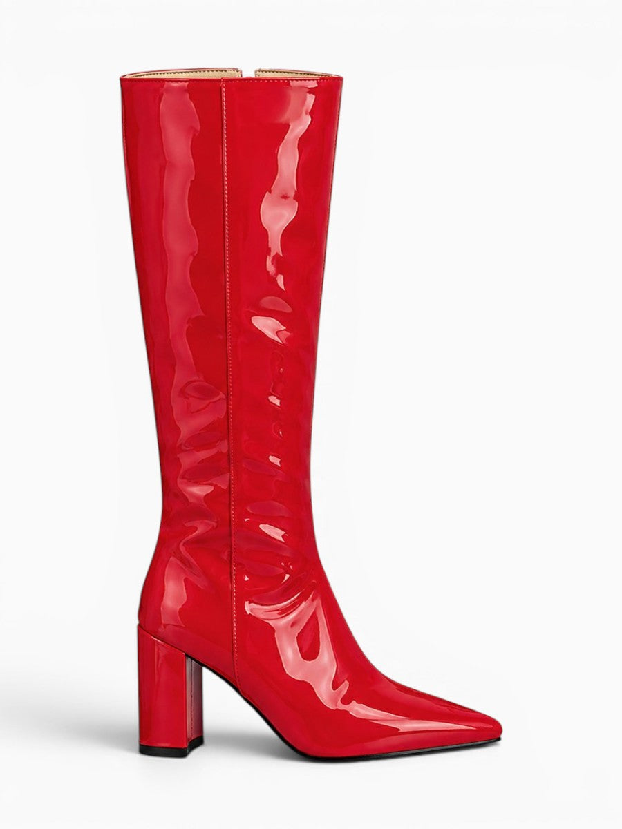 Amara Shoes Glossy Knee High Boot Block Heel Pointed Toe Zip