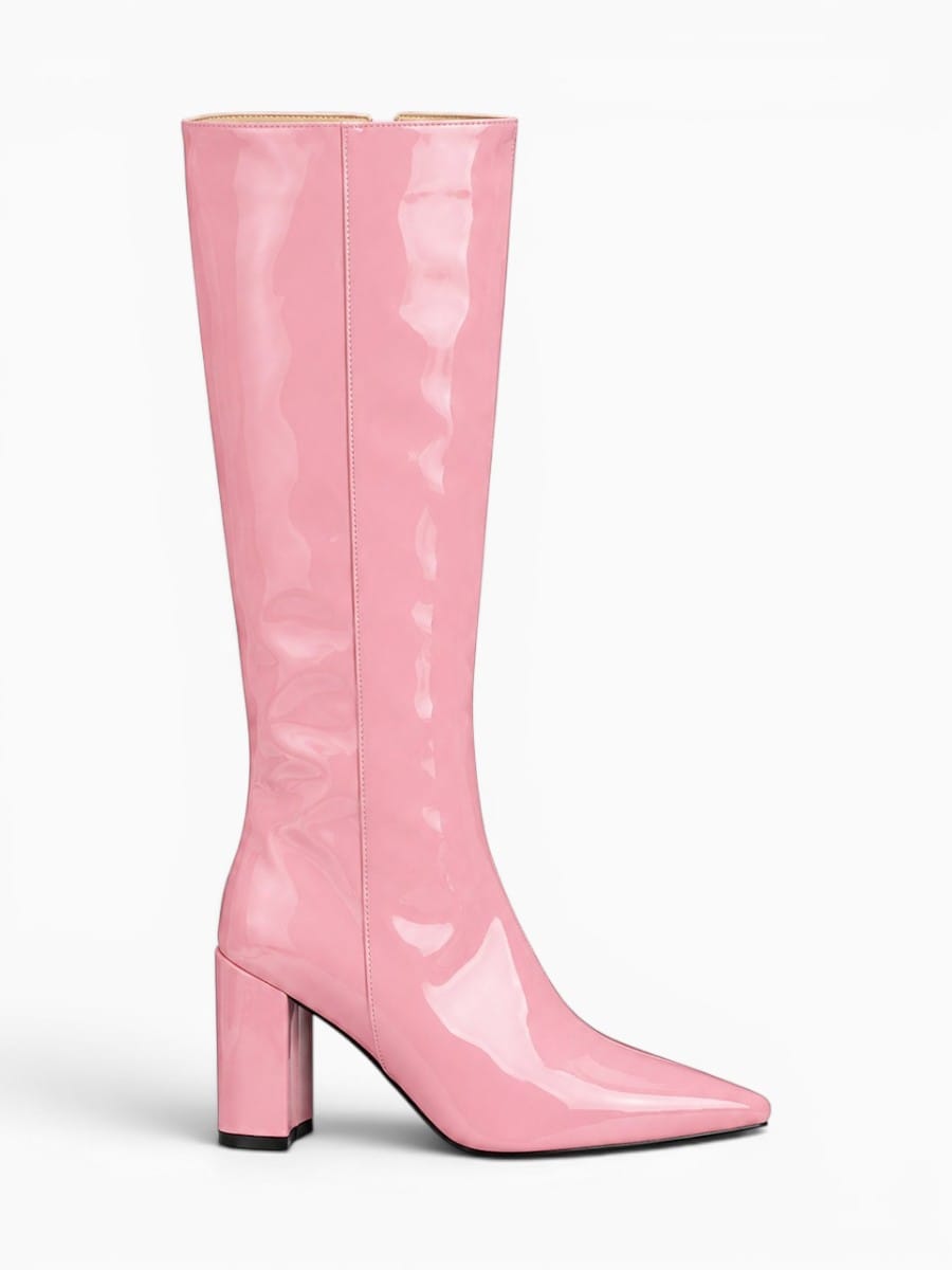 Amara Shoes Glossy Knee High Boot Block Heel Pointed Toe Zip