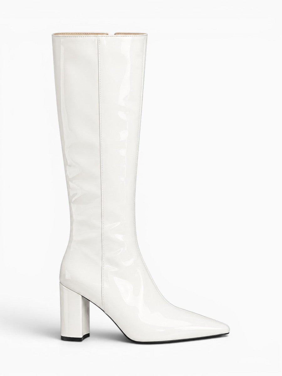Amara Shoes Glossy Knee High Boot Block Heel Pointed Toe Zip
