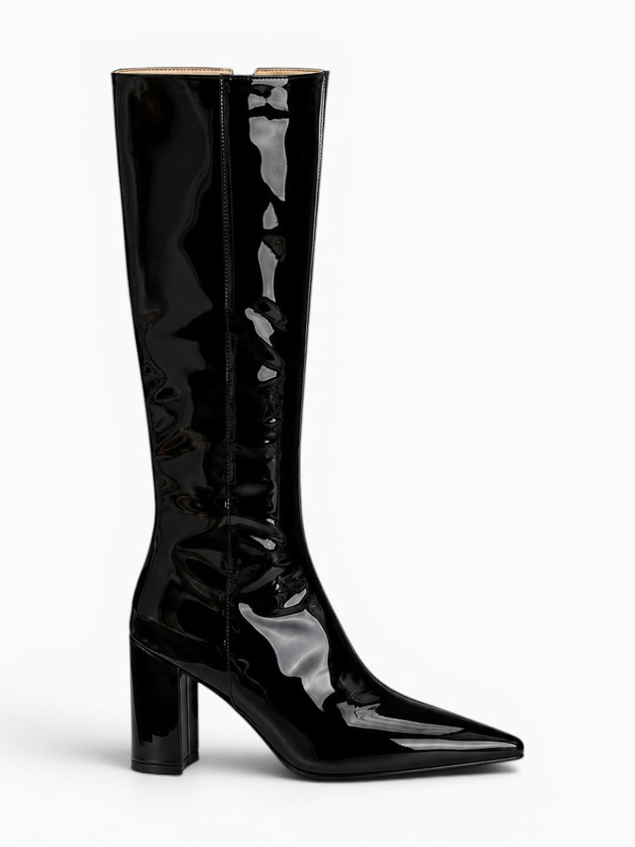 Amara Shoes Glossy Knee High Boot Block Heel Pointed Toe Zip