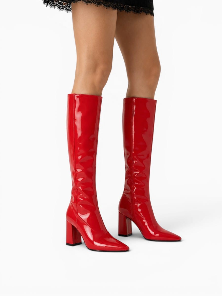 Amara Shoes Glossy Knee High Boot Block Heel Pointed Toe Zip
