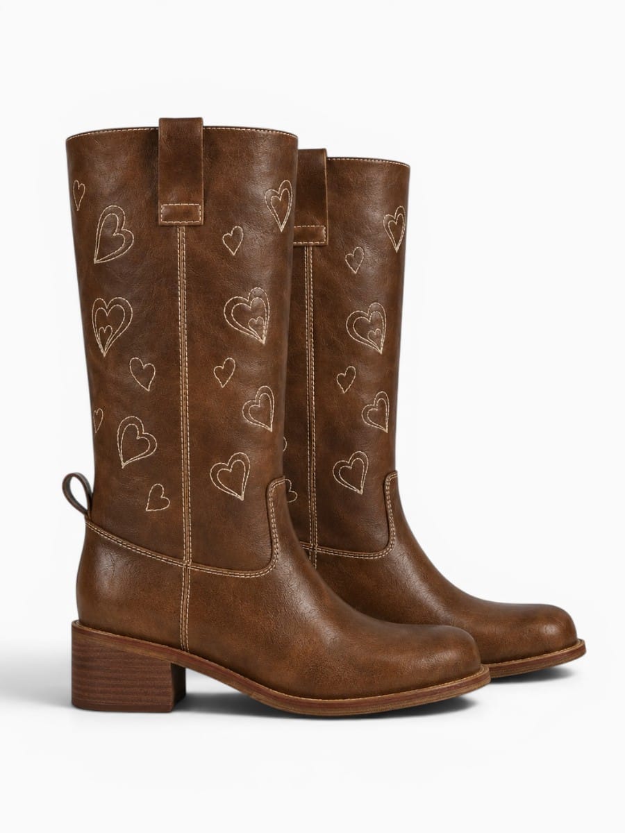 Amara Shoes Heart Embroidered Knee High Block Heel Boots