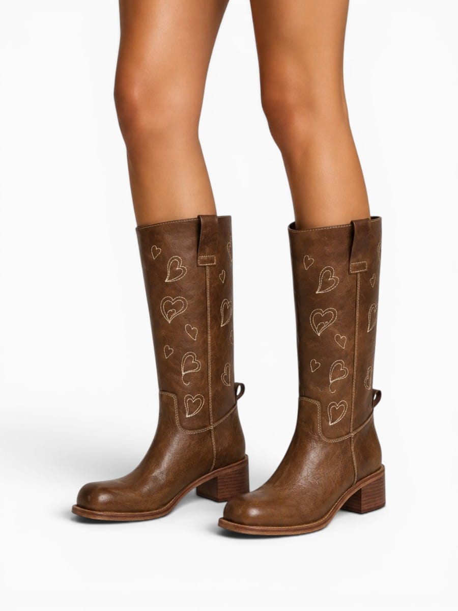 Amara Shoes Heart Embroidered Knee High Block Heel Boots