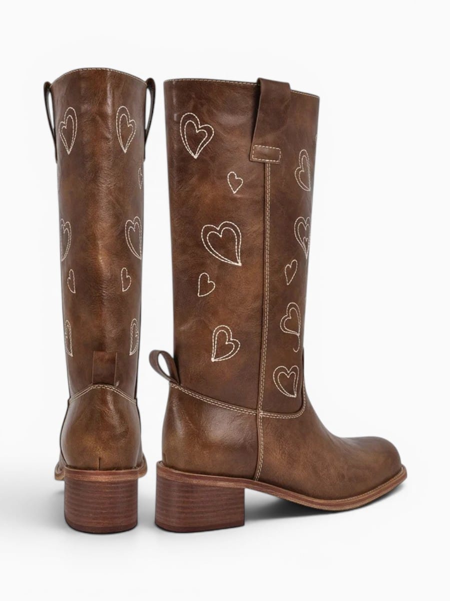 Amara Shoes Heart Embroidered Knee High Block Heel Boots