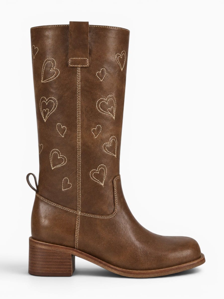 Amara Shoes Heart Embroidered Knee High Block Heel Boots