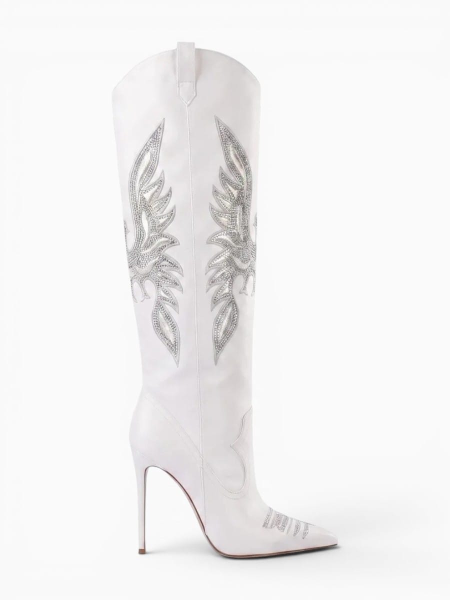 Amara Shoes Knee High Cowboy Boots Pointed Toe Stiletto Embroidery