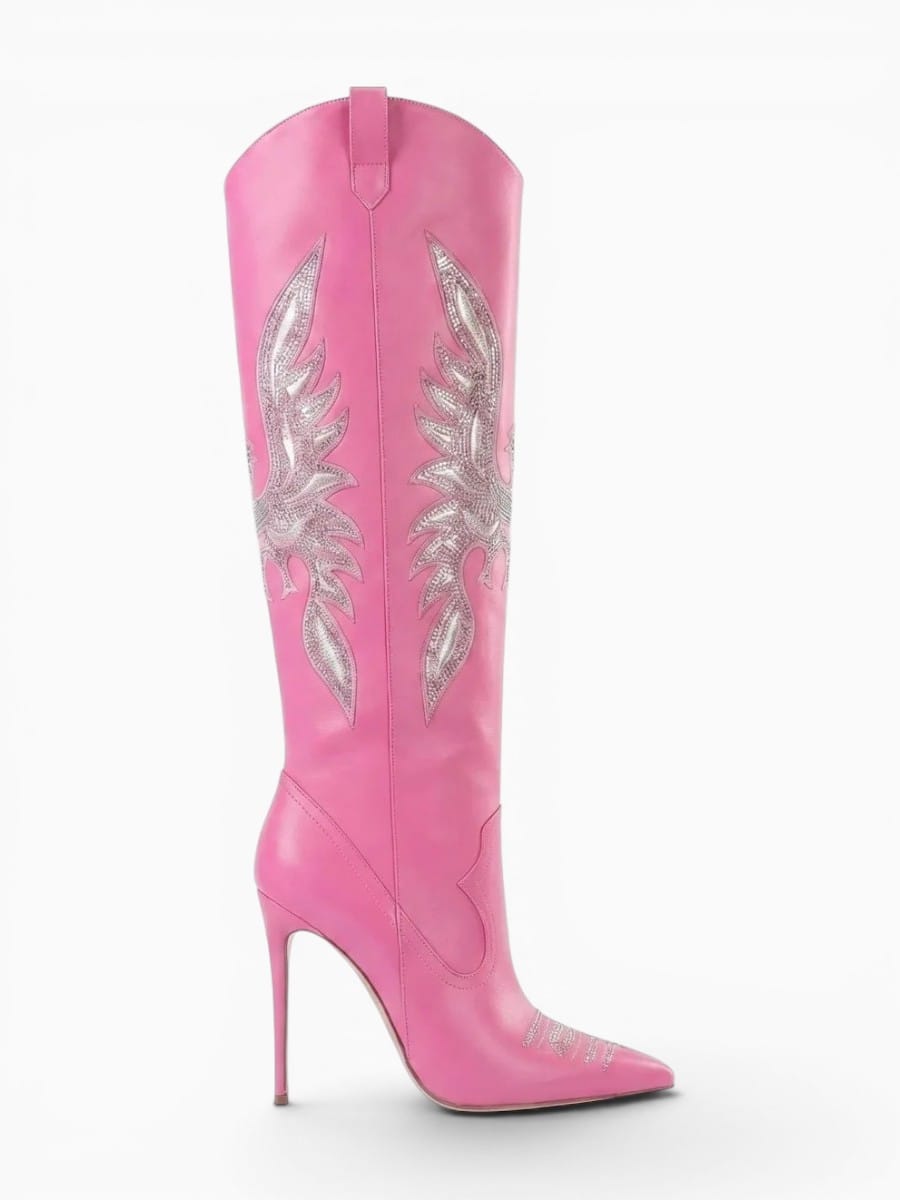 Amara Shoes Knee High Cowboy Boots Pointed Toe Stiletto Embroidery