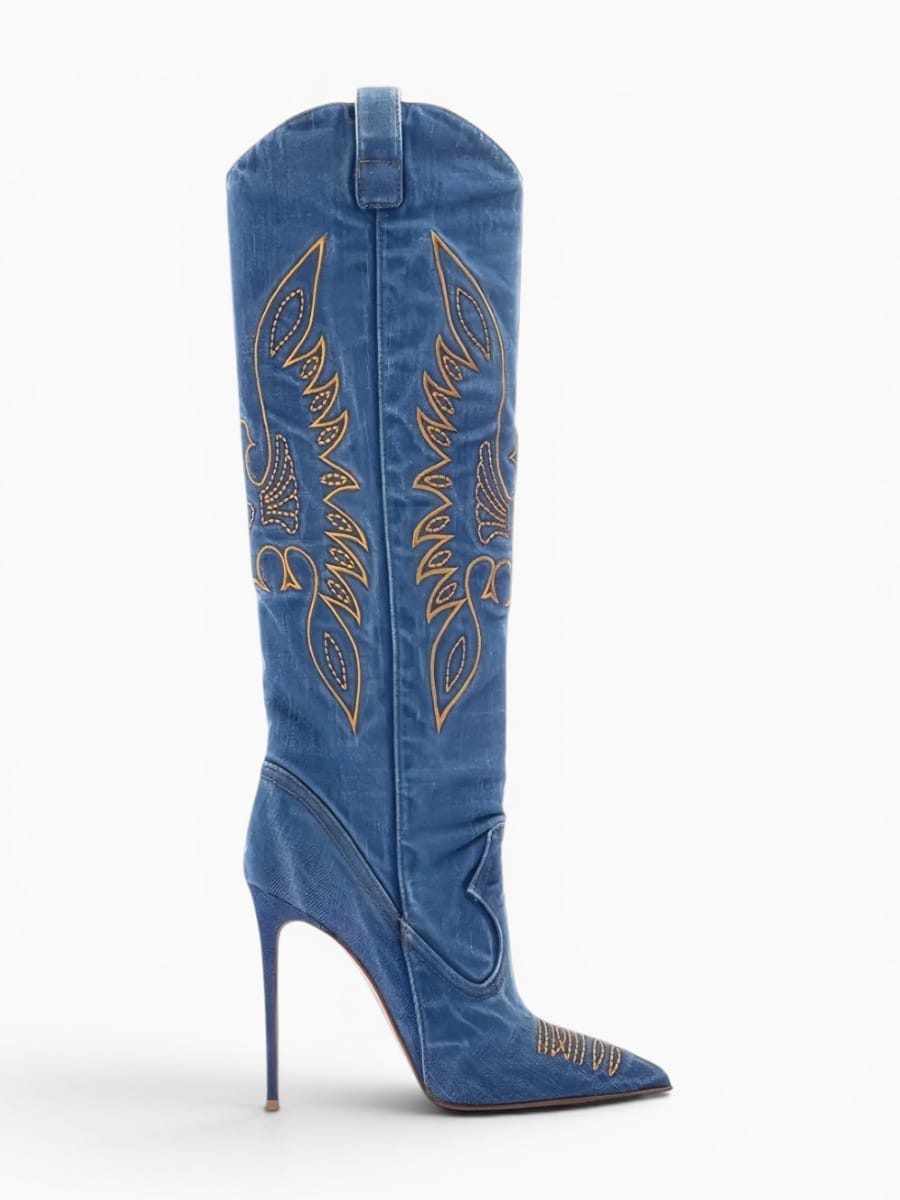 Amara Shoes Knee High Cowboy Boots Pointed Toe Stiletto Embroidery