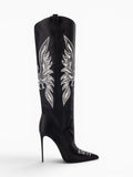 Amara Shoes Knee High Cowboy Boots Pointed Toe Stiletto Embroidery