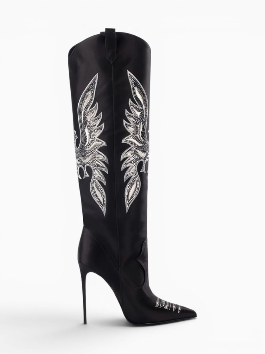 Amara Shoes Knee High Cowboy Boots Pointed Toe Stiletto Embroidery