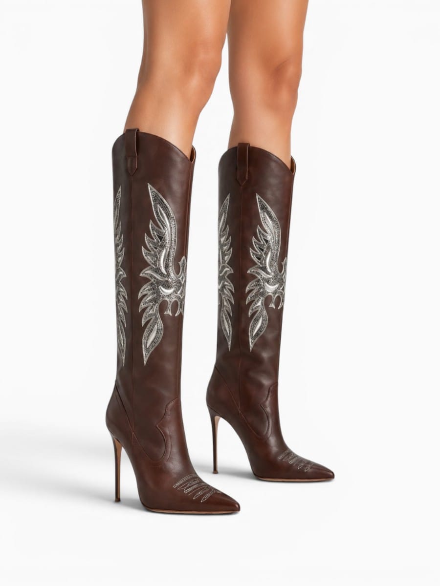 Amara Shoes Knee High Cowboy Boots Pointed Toe Stiletto Embroidery