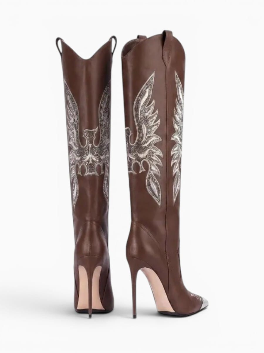 Amara Shoes Knee High Cowboy Boots Pointed Toe Stiletto Embroidery