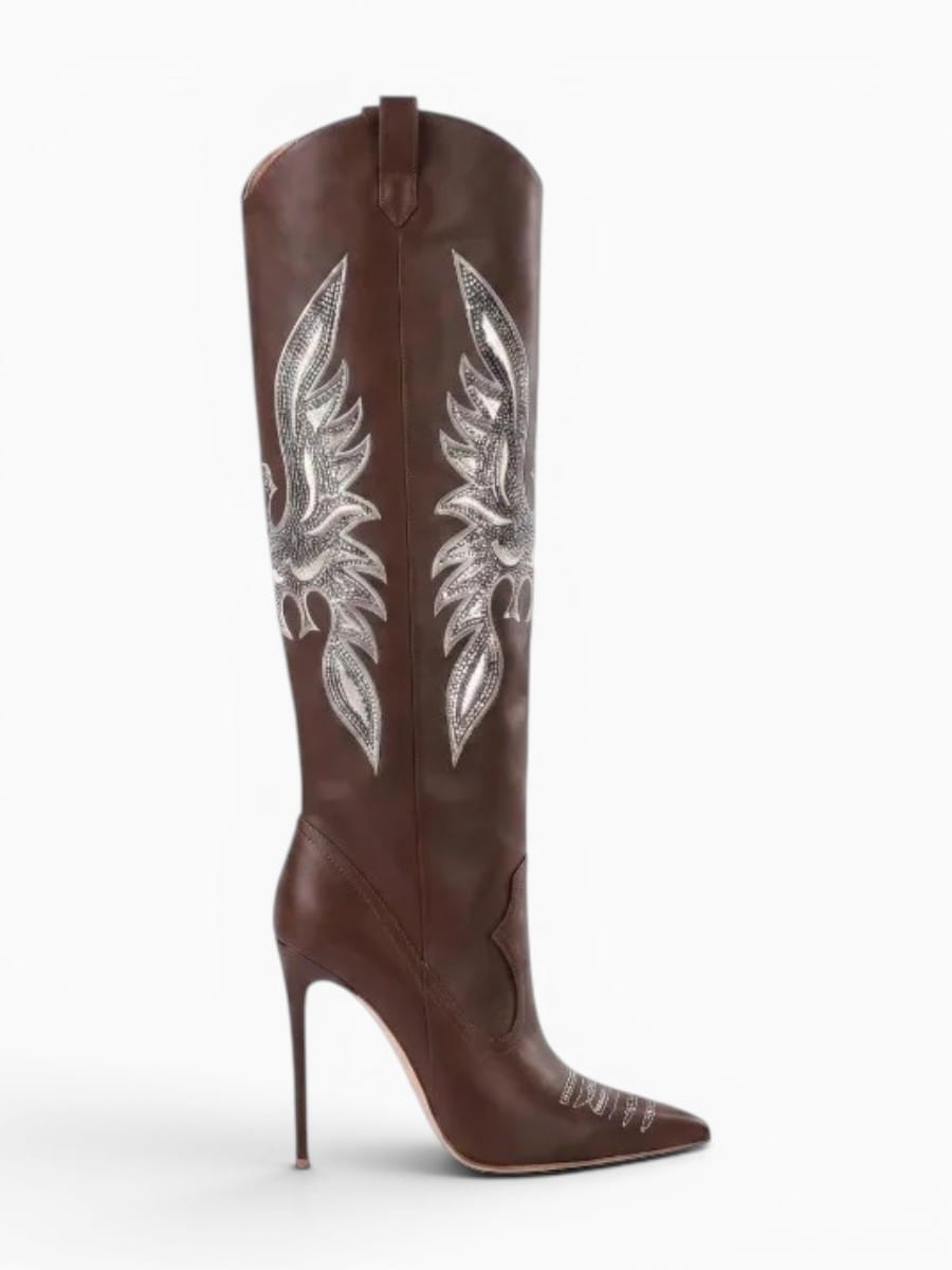 Amara Shoes Knee High Cowboy Boots Pointed Toe Stiletto Embroidery