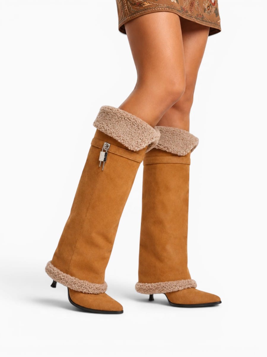 Amara Shoes Knee High Fold Over Stiletto Boots Wide Calf Women