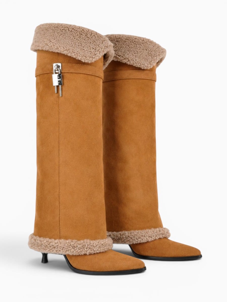 Amara Shoes Knee High Fold Over Stiletto Boots Wide Calf Women