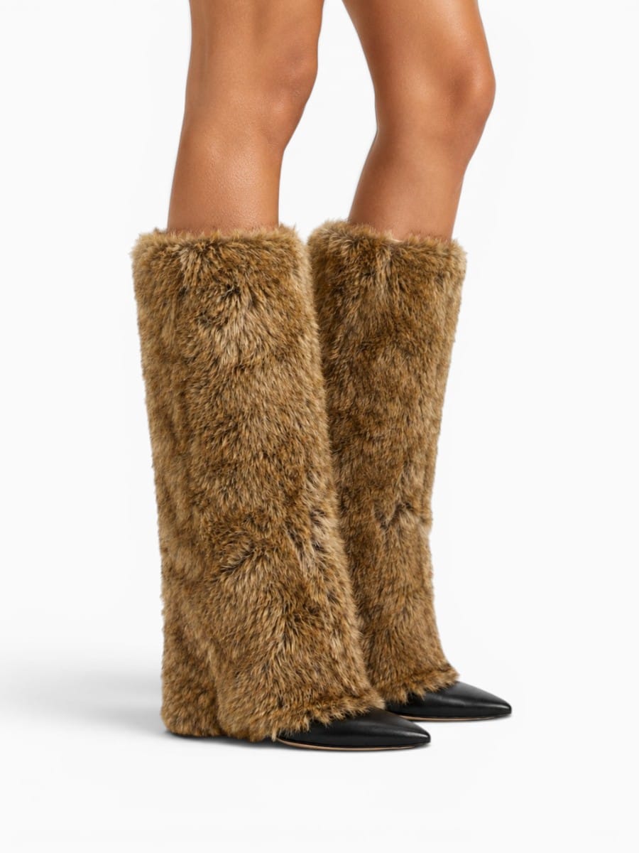 Amara Shoes Knee High Furry Stiletto Boots Fold Over Pointed Toe