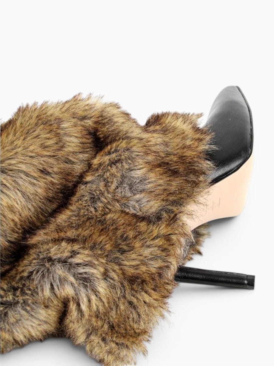 Amara Shoes Knee High Furry Stiletto Boots Fold Over Pointed Toe