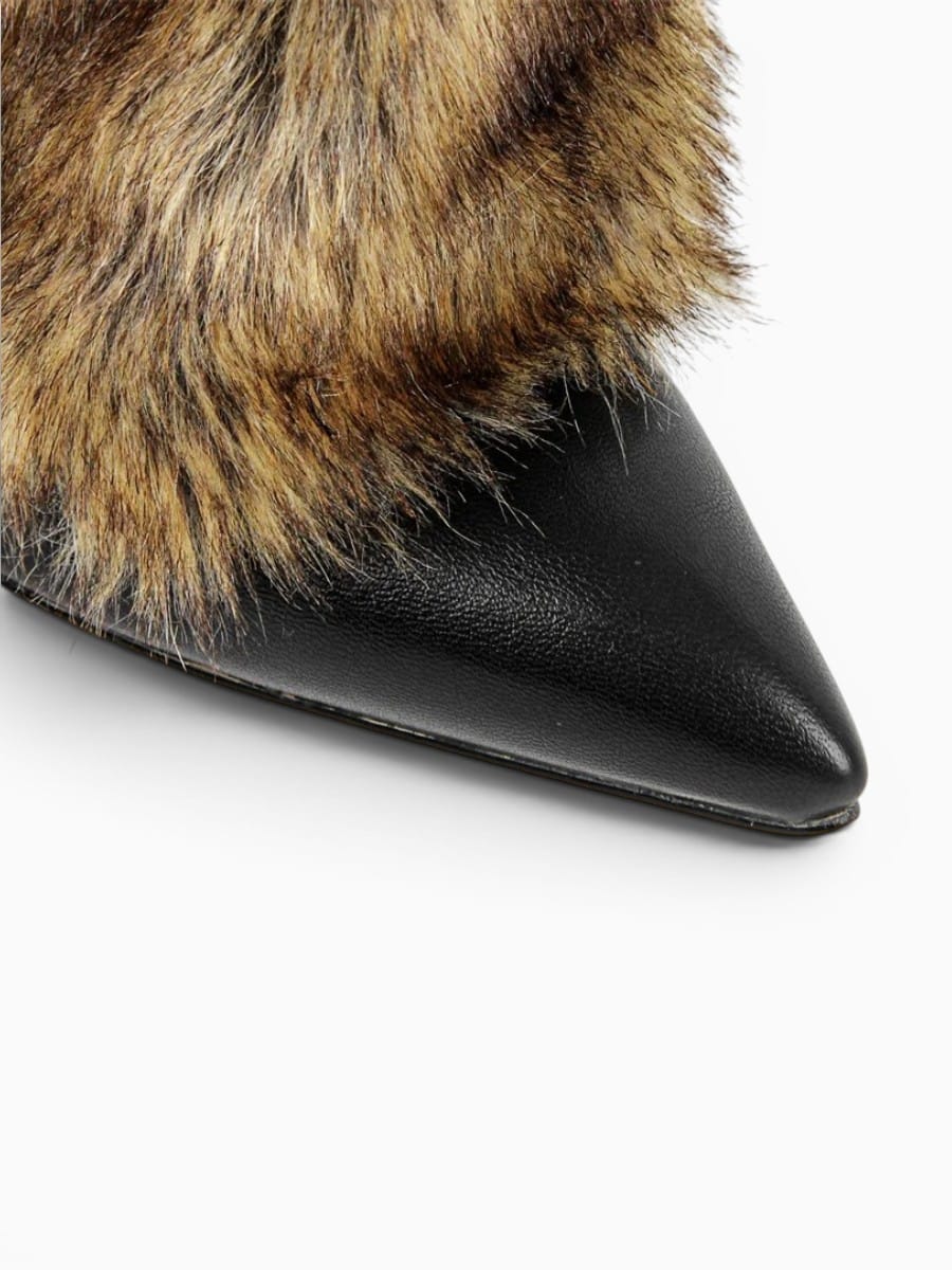 Amara Shoes Knee High Furry Stiletto Boots Fold Over Pointed Toe