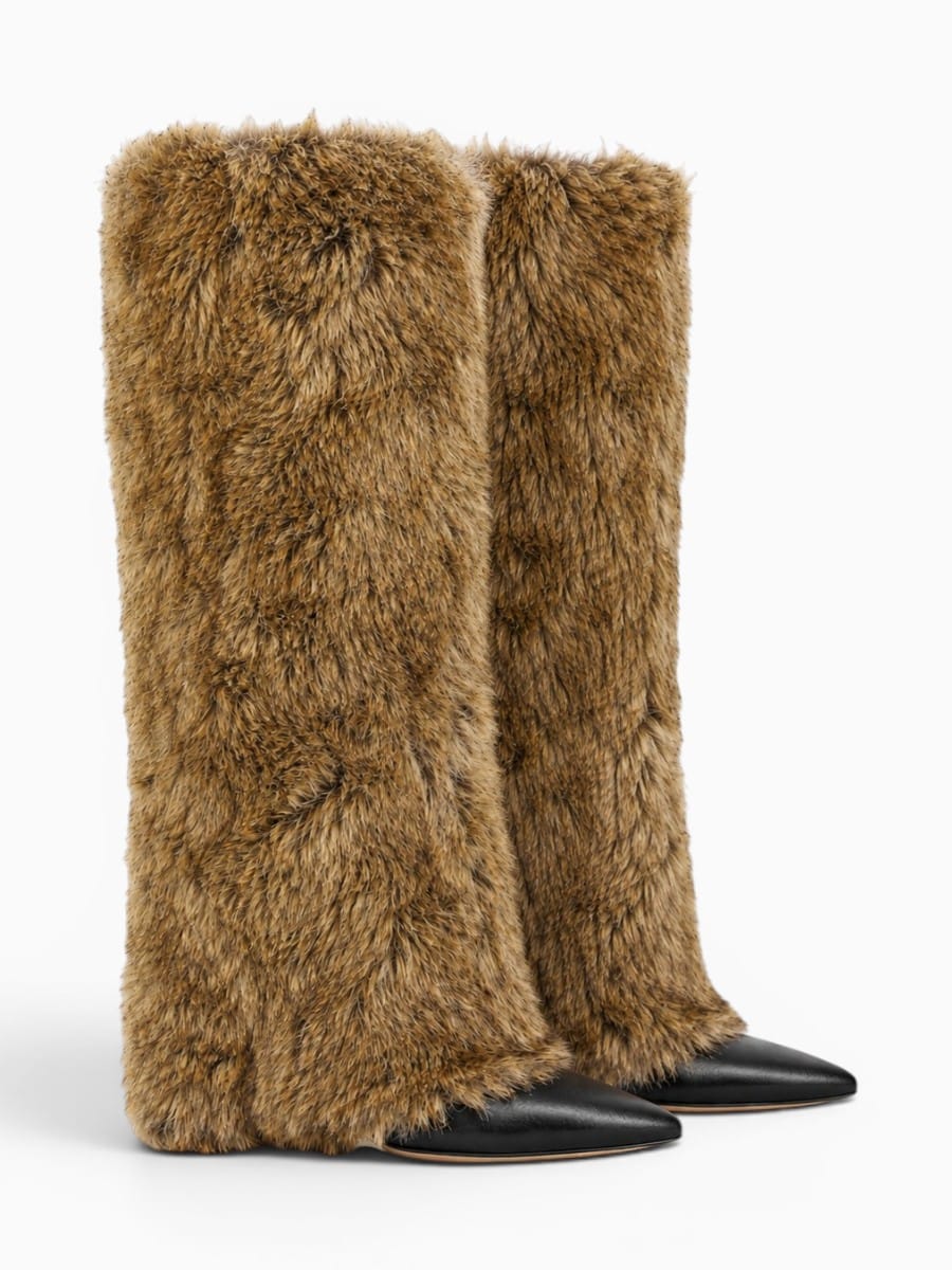 Amara Shoes Knee High Furry Stiletto Boots Fold Over Pointed Toe