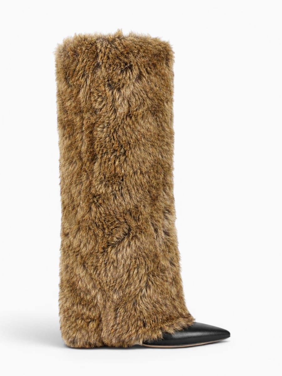 Amara Shoes Knee High Furry Stiletto Boots Fold Over Pointed Toe