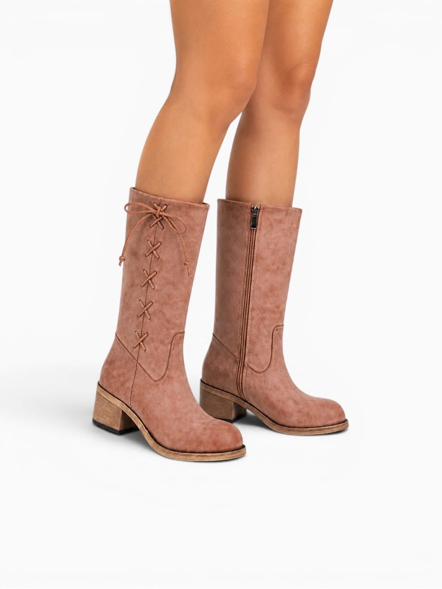 Amara Shoes Knee High Lace Up Chunky Heel Boots Women