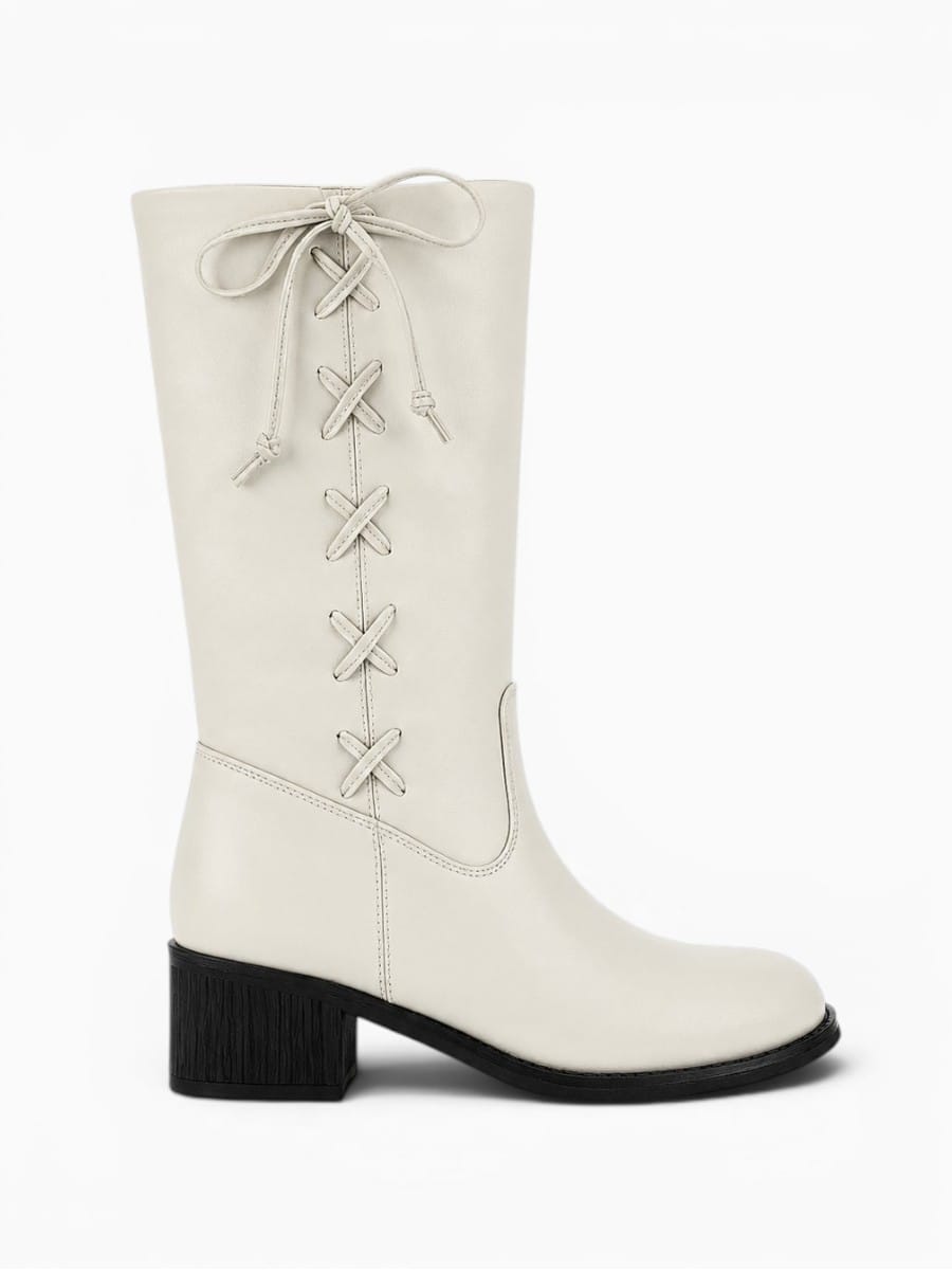 Amara Shoes Knee High Lace Up Chunky Heel Boots Women