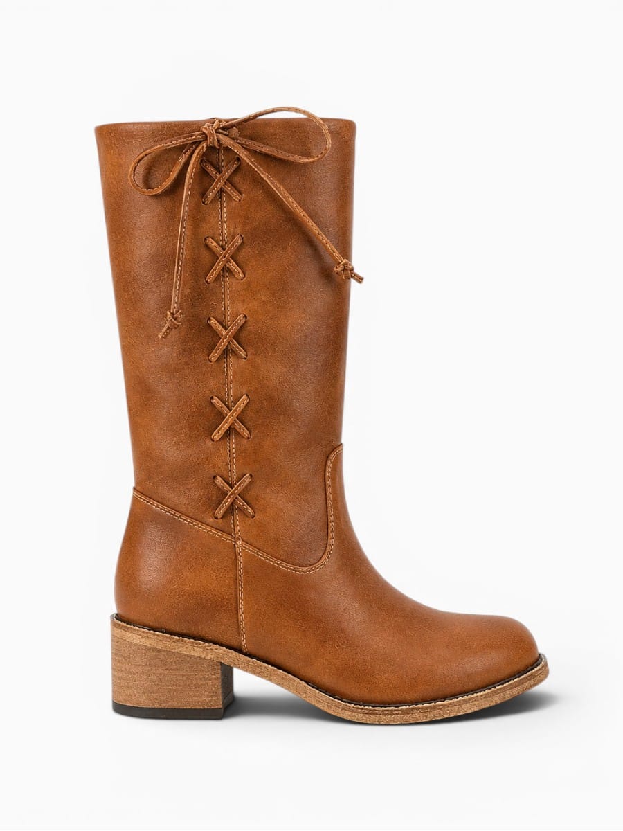 Amara Shoes Knee High Lace Up Chunky Heel Boots Women